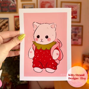 Arte de pared para guardería / Impresión artística de gato fresa / Impresión de gato lindo / Arte rosa para habitación de niñas / Arte para sala de juegos / Arte para habitación de niñas / Póster de juguetes / Arte femenino