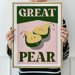 Great Pear Art Print | Typography Fruit Art Print | Mid-Century Gallery Wall art print  | Fruit Wall Art | Retro Aesthetic | Free Delivery