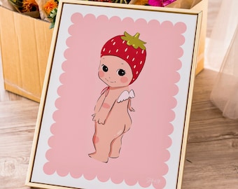 Aesthetic Strawberry Kewpie Print - Strawberry Cherub Art - Aesthetic Art - Scalloped Edging - Sonny Angel inspired Art Print - Retro Art