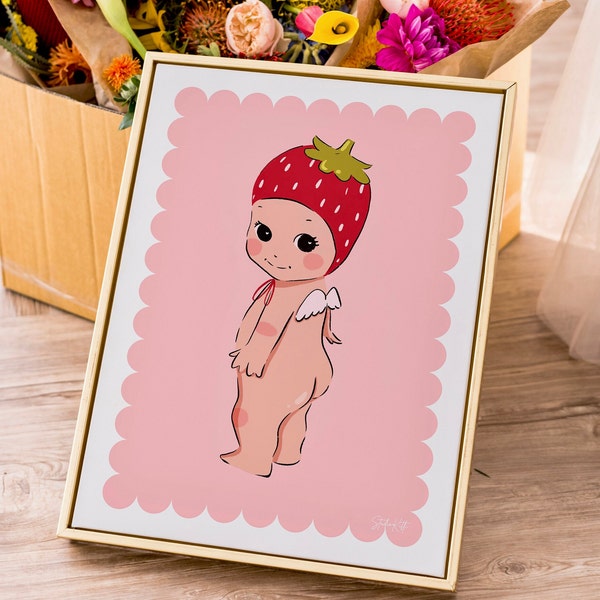 Aesthetic Strawberry Kewpie Print - Strawberry Cherub Art - Aesthetic Art - Scalloped Edging - Sonny Angel inspired Art Print - Retro Art