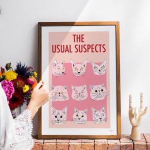 Pink Cat Art Print - Cat Aesthetic Art Print - Pink Wall Art - Cat Illustration art print  - Cat decor - gallery wall art - unique art pink