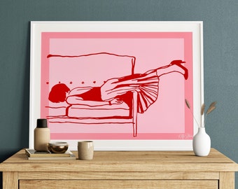Printable Rest Art Print - Horizontal Art Print - Above Bed Art Print - Red & Pink Line Art Print - Continuous Feminine Line Art Print PNG