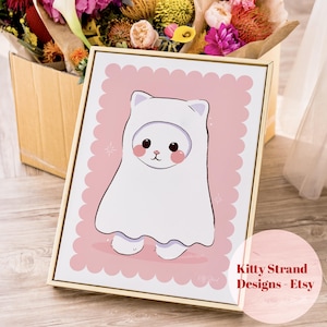 Ghost Cat Art Print | Trinket Cat Art | Cute Halloween Print | Pink Girls Room Art | Kawaii Halloween Gallery Wall Art | White Kitten Art