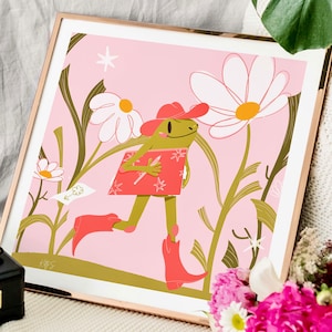 Spring Cowboy Frog Art Print | Frog Aesthetic Art Print | Pink Wall Art | Western Illustration art print  | Cow Girl Art | Spring Frog Decor