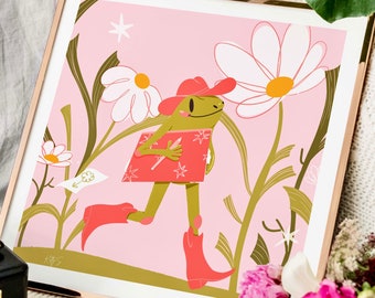 Frühling Cowboy Frosch Kunstdruck | Frosch ästhetischen Kunstdruck | Rosa Wandkunst | Western Illustration Kunstdruck | Kuh-Mädchen Kunst | Frühling Frosch Dekor