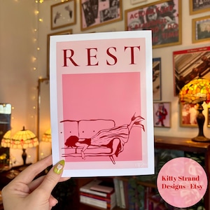Rest Fine Line Contemporary Art | Arte minimalista acima da cama rosa | Arte de linha vermelha e rosa | Arte de quarto rosa | Decoração de sala de estar rosa | Presente