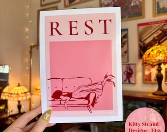 Rest Print: Pink & Red Line Art, Minimalist Bedroom Decor