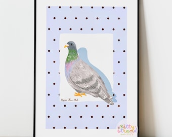 Blue Pigeon Wall Art: Whimsical hand-drawn print, blue and brown polka dots