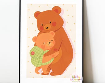 Stampa artistica "Abbraccio di un orsetto per bambini": decorazione murale fantasiosa per camera da letto, cameretta e sala giochi (stampabile)