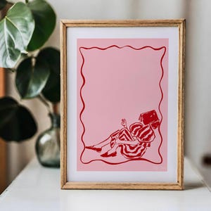 Impresión artística de libros - Impresión artística minimalista - Impresión artística sobre la cama - Impresión artística de línea roja y rosa - Impresión artística de línea femenina continua - Arte literario