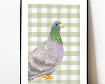 Stampa artistica di un piccione: poster con uccello a quadretti verdi, regalo per gli amanti della natura.