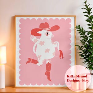 Stampa artistica di cowgirl / Arte murale rosa per ragazze / Arte murale da galleria / Decorazione murale occidentale / Stampa artistica di mucca / Decorazione per la cameretta delle bambine / Arte murale con animali per la cameretta dei bambini