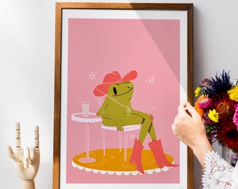 Howdy Partner Frog Art Print | Frog Aesthetic Art Print | Pink Wall Art | Western Illustration art print  | Cow Girl decor | Frog Decor