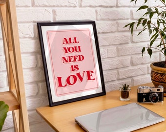 Printable All You Need is Love Art Print - Beatles Lyrical Art Print - Pink Music Lyric Poster - Pink Love Quote - Retro Pink Music Poster