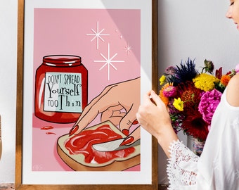 Retro Kitchen Wall Art - Pink and Red Jam on Toast Art Print - Mid-century food wall art - Don't Spread yourself too thin - Self Care Art