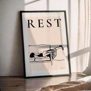 Rest Fine Line Contemporary Art / Minimal Above Bed Wall Art / Black & Cream Line Art / Stampa con linea femminile continua - Arte minimalista accogliente