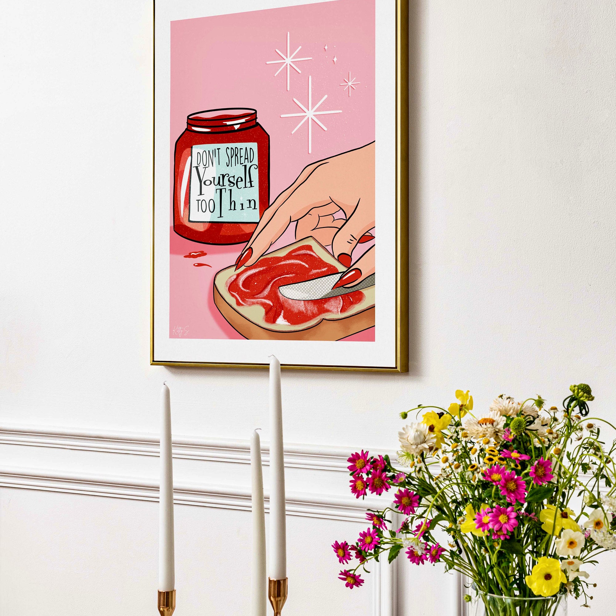 Retro Kitchen Wall Art Pink and Red Jam on Toast Art Print Mid-century Food Wall  Art Don\'t Spread Yourself Too Thin Self Care Art - Etsy