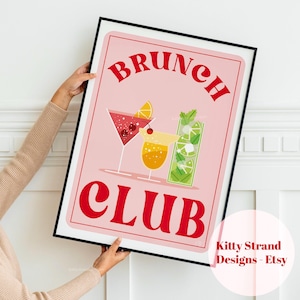 Brunch Club Art Print - cocktailmuurkunst - roze retro keuken wanddecoratie - galerie kunst aan de muur - cadeau voor vrienden - thuisbar decor winkelwagen