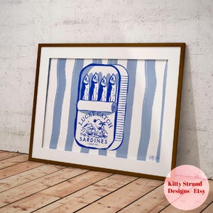Stampa orizzontale di sardine - Galleria d'arte murale - Arte di pesce fortunato - Arte murale di pesce - Decorazione murale vintage - Arte murale della cucina blu - Decorazione marina