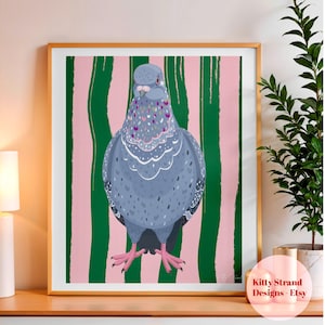Impresión artística de palomas / Arte mural maximalista / Arte mural de galería / Póster de aves / Arte mural natural / Arte para sala de estar / Impresión rosa y verde / Regalo