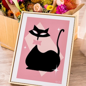 Mid Century Modern Cat Art Print - Retro Black Cat Art - 1960s Cat Art Print - Retro Wall Decor - Pink Cat Art - Vintage Animal Wall Art