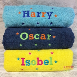 Personalised Swimming / Bath Towel / Sheet Embroidered Unisex Boys Girls Children's Kids with ANY NAME + STARS 500gsm