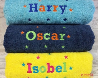 Personalised Swimming / Bath Towel / Sheet Embroidered Unisex Boys Girls Children's Kids with ANY NAME + STARS 500gsm