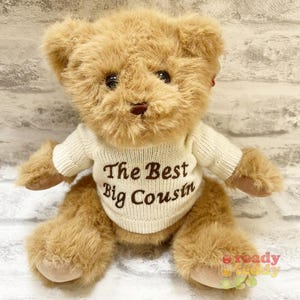 May include: A light brown teddy bear wearing a cream-coloured sweater. The sweater has the text "The Best Big Cousin" in brown lettering. The bear has a soft, furry texture and is sitting down.