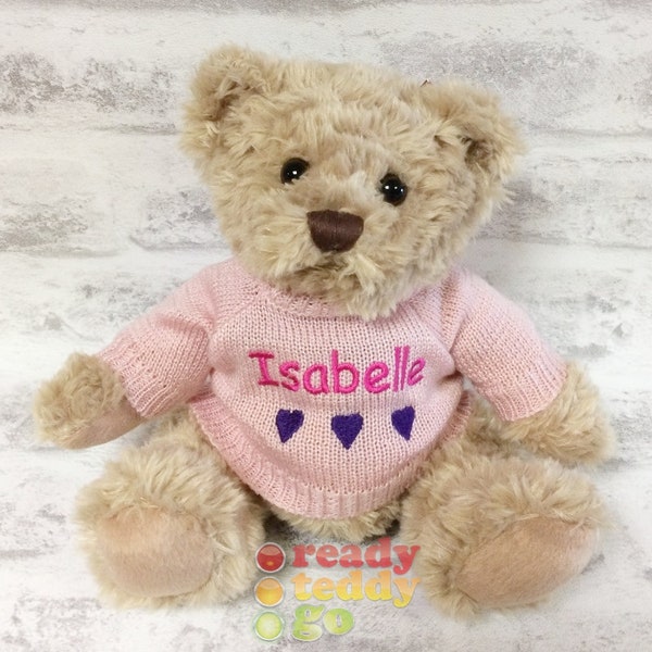 Personalised Teddy Bear 8 Inch Knitted Jumper Embroidered with a NAME or TEXT. Great New born Baby Boy Girl Gift Christening Gift