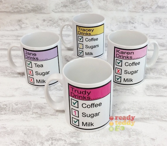 Personalised Any Name Drinks Tea Coffee Milk Sugar Secret Santa Work Mug / Cup - Ceramic or Polymer (Plastic) + Clear Acetate Gift Box