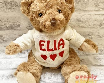 Personalised Teddy Bear Keel Eco Recycled 9 Inch Knitted Jumper Embroidered with NAME / TEXT. Great New born Baby Boy Girl Gift Christening