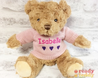 Personalised Keel Eco Recycled Teddy Bear 8 Inch Knitted Jumper Embroidered with a NAME / TEXT Great New born Baby Boy Girl Gift Christening