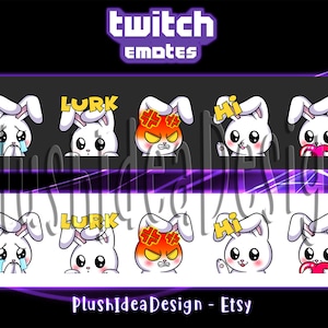 Cute Bunny, Cute Rabbit, Hi, Waving, Cry, Sad, Sigh, Lurk, Angry, Rage, Heart, Love  - 5 Twitch Sub Emotes Package