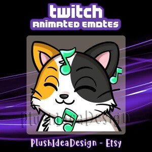 Può includere: Emoticon animato Twitch con un simpatico gatto di cartone con pelliccia nera e arancione, occhi chiusi e note musicali intorno alla testa. Il testo "twitch animated emotes" è sopra il gatto e "PlushIdeaDesign - Etsy" è sotto il gatto.