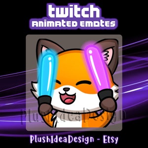 May include: Animated Twitch emote featuring a cute orange fox with brown ears holding two glowing light sticks, one blue and one purple. The fox is smiling with its tongue sticking out. The text "twitch animated emotes" is above the fox.
