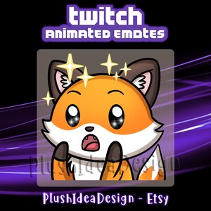 Könnte beinhalten: Animiertes Twitch-Emote mit einem überraschten Fuchs mit funkelnden Augen und einem Farbschema aus hellem Braun, Orange und Weiß. Das Emote ist vor einem grauen Hintergrund platziert.