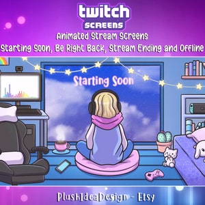 May include: Animated Twitch stream screen template featuring a cartoon character sitting in front of a window with a cloudy sky. The text "Starting Soon" is displayed on the screen. The template is designed for streamers to use when they are about to start their stream.