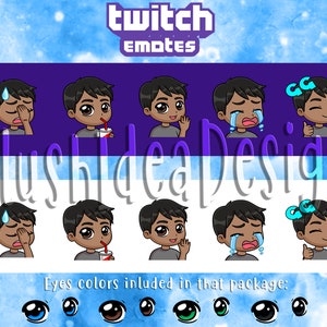 Cute Chibi Custom Black Hair Tan Boy - Waving, Hi, GG, Good Game, Facepalm, Cry, Sip - 5 Twitch Sub Emotes Package