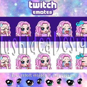 Cute Chibi Custom Pink Curly Hair Girl - Waving, Hi, GG, Good Game, Facepalm, Cry, Sip - 5 Twitch Sub Emotes Package
