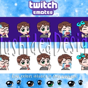 Cute Chibi Custom Brown Hair Boy - Waving, Hi, GG, Good Game, Facepalm, Cry, Sip - 5 Twitch Sub Emotes Package
