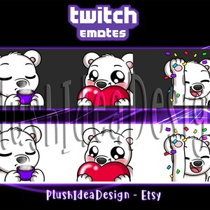 May include: Four animated Twitch emotes featuring a white polar bear with different expressions. The emotes include the bear holding a cup of coffee, holding a heart, and celebrating with confetti.