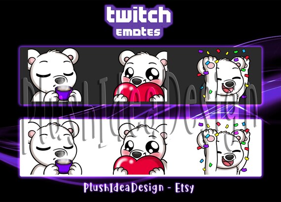 Cute Polar Bear Heart, Love, Hype, Confetti, Sip, Snack - 3 Twitch Sub Emotes Pack - Cute Sweet Polar Bear