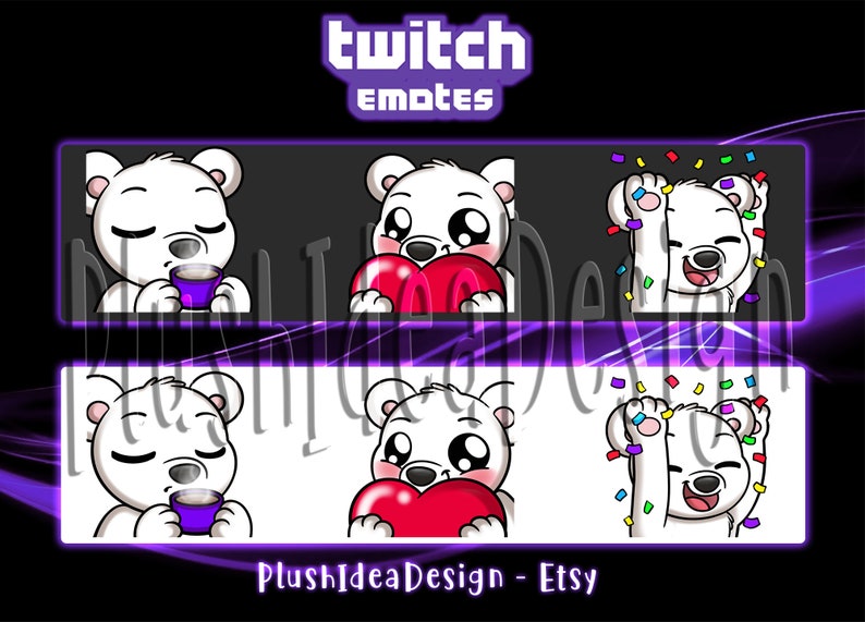 May include: Four animated Twitch emotes featuring a white polar bear with different expressions. The emotes include the bear holding a cup of coffee, holding a heart, and celebrating with confetti.