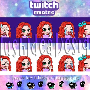 Cute Chibi Custom Red Curly Hair Girl - Waving, Hi, GG, Good Game, Facepalm, Cry, Sip - 5 Twitch Sub Emotes Package