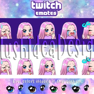 Cute Chibi Custom Pink Straight Hair Girl - Waving, Hi, GG, Good Game, Facepalm, Cry, Sip - 5 Twitch Sub Emotes Package