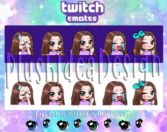 Cute Chibi Custom Brown Straight Hair Girl - Waving, Hi, GG, Good Game, Facepalm, Cry, Sip - 5 Twitch Sub Emotes Package