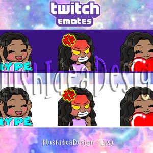 Cute Chibi Custom Tan Black Curly Hair Girl - Hype, Angry, Rage, Heart, Love - 3 Twitch Sub Emotes Package