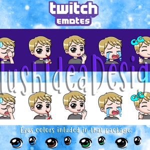 Cute Chibi Custom Blonde Hair Boy - Waving, Hi, GG, Good Game, Facepalm, Cry, Sip - 5 Twitch Sub Emotes Package
