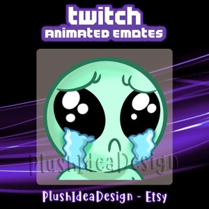 Può includere: Emote animata di Twitch con un alieno verde lacrimoso con grandi occhi neri. Lo sfondo è viola e nero. Il testo "Twitch Animated Emotes" è in alto e "PlushIdeaDesign - Etsy" in basso.