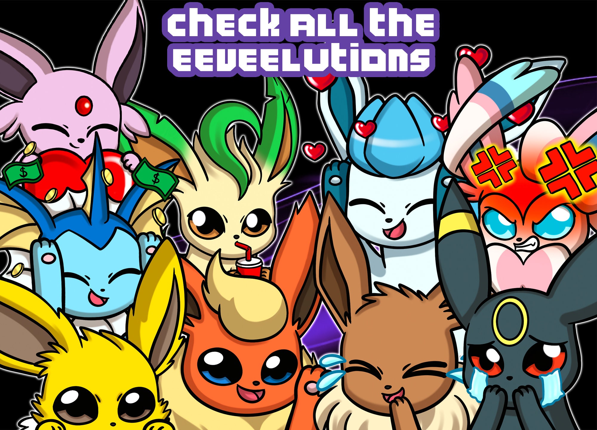 Eeveelutions Pokemon Wall Art Illustration Eevee Sylveon Vaporeon Umbreon